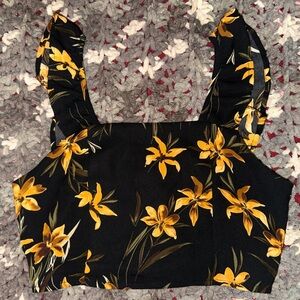 Pink Lily Black Floral Crop Top with Yellow Flowers